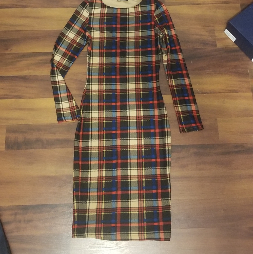 Tartan stretch fitted dress lightweight NWOT Shein in sz XS